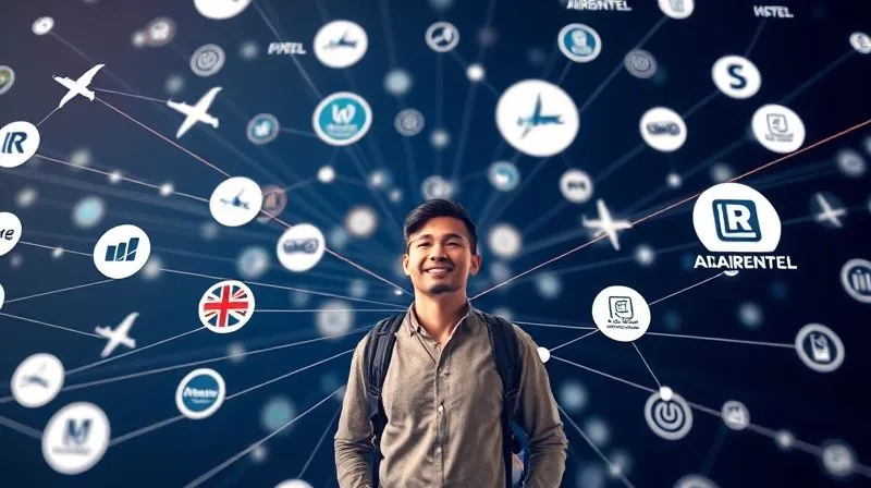A photorealistic 3D infographic showing a complex web of airline, hotel, and car rental loyalty program logos interconnected by lines representing points accumulation and redemption, with a central figure of a traveler smiling. Professional photography, 8K, cinematic lighting, sharp focus, depth of field, shot on a high-end DSLR, symbolizing strategic optimization.