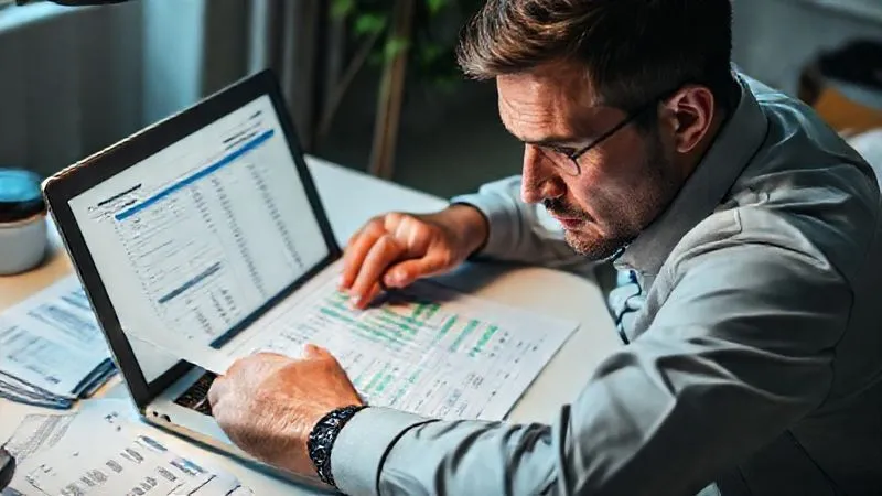 A photorealistic, professional photography, 8K, cinematic lighting, sharp focus, depth of field, shot on a high-end DSLR. A person intently scrutinizing a detailed financial spreadsheet on a laptop, surrounded by neatly organized bills and a calculator, with a determined expression, symbolizing aggressive budgeting and financial control.