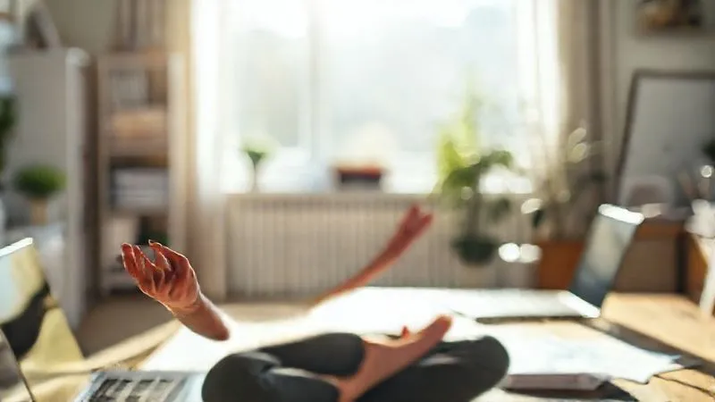 A photorealistic, professional photography, 8K, cinematic lighting, sharp focus, depth of field, shot on a high-end DSLR. A person meditating calmly in a sunlit home office, with a blurred background of a laptop and financial documents, symbolizing mental resilience and focus amidst financial uncertainty.