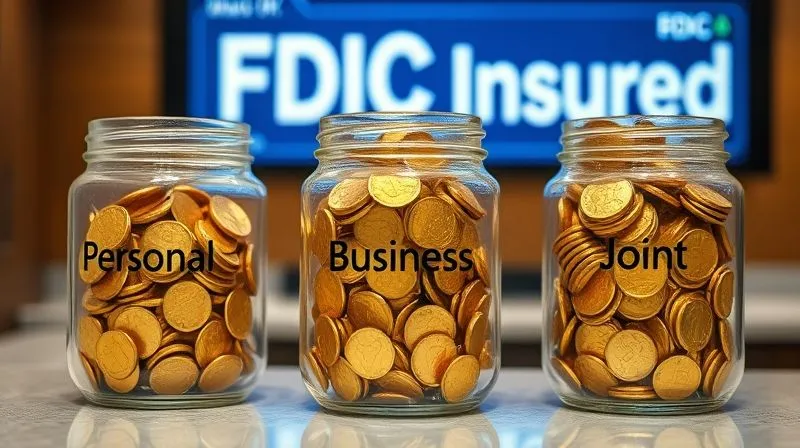 A photorealistic image of three distinct transparent glass jars, each labeled 'Personal', 'Business', and 'Joint', filled with a precise amount of golden coins, sitting on a bank counter. A digital display in the background shows 'FDIC Insured'. Cinematic lighting, sharp focus on the jars, depth of field blurring the background, 8K hyper-detailed, professional photography.