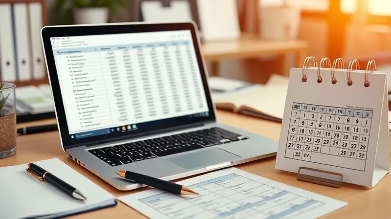 A photorealistic, professional photography shot of a meticulously organized desk with a laptop displaying a financial spreadsheet, a pen, and a calendar open to a marked date. The scene conveys diligent financial planning and monitoring, with soft, ambient office lighting. 8K, cinematic lighting, sharp focus on the spreadsheet, depth of field blurring the background, shot on a high-end DSLR.