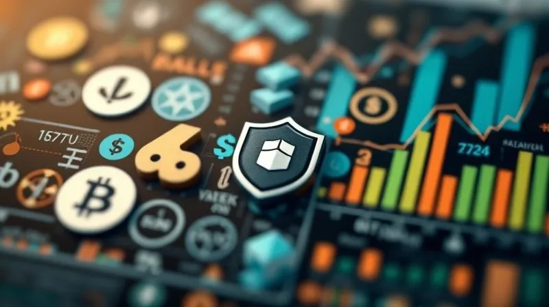 A photorealistic, professional photography shot of a diverse array of financial symbols and charts subtly layered over each other, representing diversification. A small, stylized shield icon is prominently featured, symbolizing protection. The color palette is professional and calm, with cinematic lighting and a sharp focus on the shield and charts, depth of field blurring the background. 8K hyper-detailed, shot on a high-end DSLR.