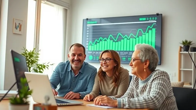 A photorealistic image of a family (a couple in their late 40s) looking confidently at a digital financial dashboard displaying upward-trending green graphs and positive numbers, suggesting financial growth and security. The setting is a modern, comfortable home office, with soft, encouraging lighting, 8K hyper-detailed, professional photography, conveying peace of mind and successful planning.