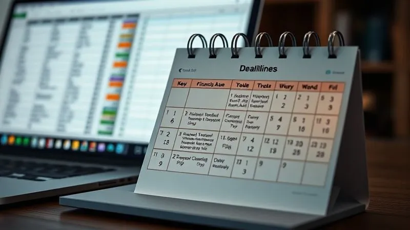 A photorealistic image of a calendar with key financial aid deadlines highlighted, next to a laptop displaying a spreadsheet, cinematic lighting, sharp focus on the calendar, depth of field blurring the background, 8K hyper-detailed.