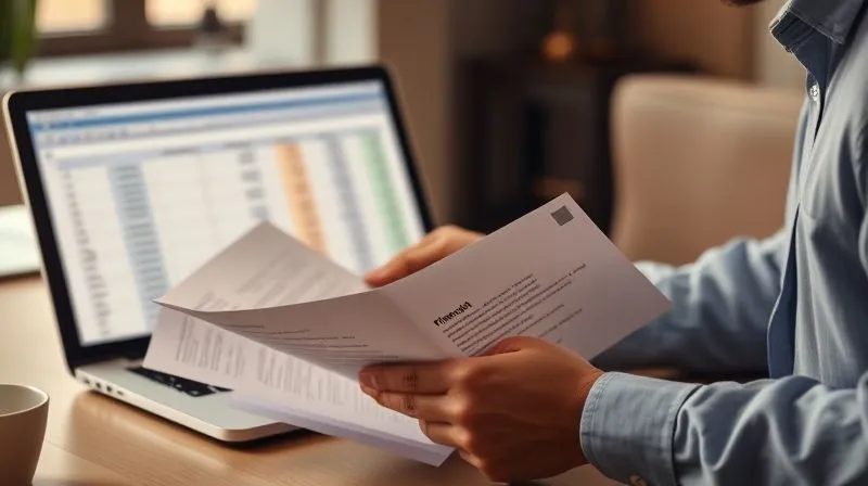 A photorealistic image of a person meticulously reviewing financial documents and a letter, with a laptop open showing a budget spreadsheet in the background, warm, focused lighting, professional setting, 8K, cinematic.