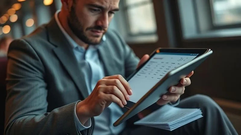 A professional with a focused expression, meticulously inputting travel expenses into a modern expense tracking application on a tablet, with a few neatly organized receipts beside it, symbolizing efficient financial management after an urgent trip. Photorealistic, professional photography, 8K, cinematic lighting, sharp focus on the tablet screen and the person's hands, depth of field, shot on a high-end DSLR.