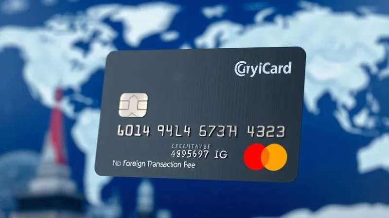 A close-up of a sleek, modern credit card, subtly showing a "no foreign transaction fee" logo, against a blurred background of a global map or international landmarks, photorealistic, professional photography, 8K, cinematic lighting, sharp focus, depth of field, shot on a high-end DSLR