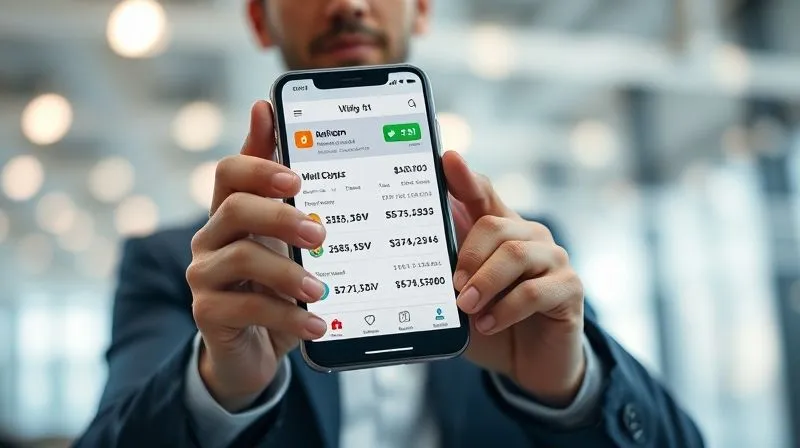 A professional using a smartphone app displaying a multi-currency digital wallet interface, with various currency symbols and exchange rates, in a clean, modern setting, photorealistic, professional photography, 8K, cinematic lighting, sharp focus, depth of field, shot on a high-end DSLR