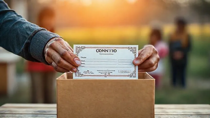 A photorealistic image of hands gently placing a stylized stock certificate into a donation box, with a blurred background of a serene community project. Emphasizes giving and financial impact. Professional photography, 8K, cinematic lighting, sharp focus, depth of field, shot on a high-end DSLR.