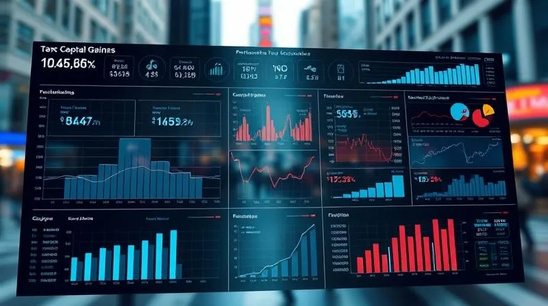 photorealistic, professional photography, 8K, cinematic lighting, sharp focus, depth of field, shot on a high-end DSLR. A complex financial dashboard display with various charts and graphs showing capital gains calculations and tax implications, with a blurred background of a bustling financial district. The mood is analytical and strategic, conveying the intricate nature of tax planning.