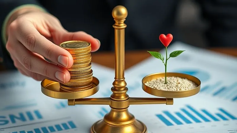 photorealistic, professional photography, 8K, cinematic lighting, sharp focus, depth of field, shot on a high-end DSLR. A balanced scale with one side holding a stack of gold coins (representing wealth) and the other side holding a symbolic representation of charitable giving (like a stylized heart or a plant growing), set against a backdrop of blurred financial documents. The image conveys the dual benefit of wealth preservation and philanthropic impact.