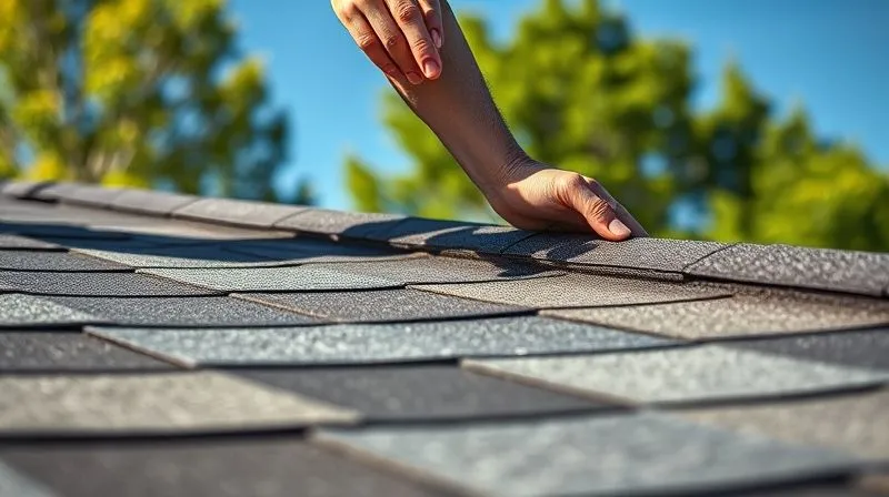 A close-up, photorealistic image of a homeowner carefully inspecting their roof for loose shingles, with a clear, blue sky and green trees in the background, cinematic lighting, sharp focus on the hands and roof tiles, depth of field blurring the background, 8K hyper-detailed, professional photography, shot on a high-end DSLR.