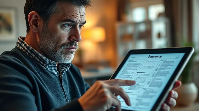 A photorealistic image of a person reviewing complex insurance documents on a tablet, with a serious but understanding expression, cinematic lighting, sharp focus on the tablet screen and face, depth of field blurring a home interior in the background, 8K hyper-detailed, professional photography, shot on a high-end DSLR.