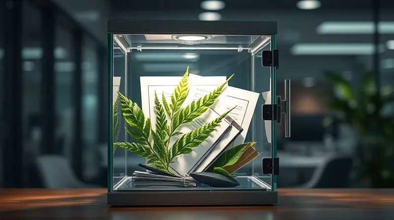 A photorealistic image of a transparent glass vault filled with financial documents and green plant leaves, illuminated by a spotlight, symbolizing clarity and honesty in finance, sharp focus on the contents, depth of field blurring a modern office background, 8K hyper-detailed, professional photography, shot on a high-end DSLR.