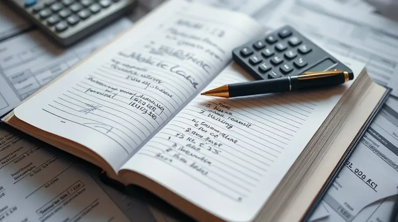 A close-up, photorealistic shot of an open ledger book with handwritten financial entries, a calculator, and a pen resting on top, surrounded by neatly organized business receipts. The lighting is soft and focused, highlighting the details of the financial records, conveying meticulous accounting. professional photography, 8K, cinematic lighting, sharp focus, depth of field, shot on a high-end DSLR.