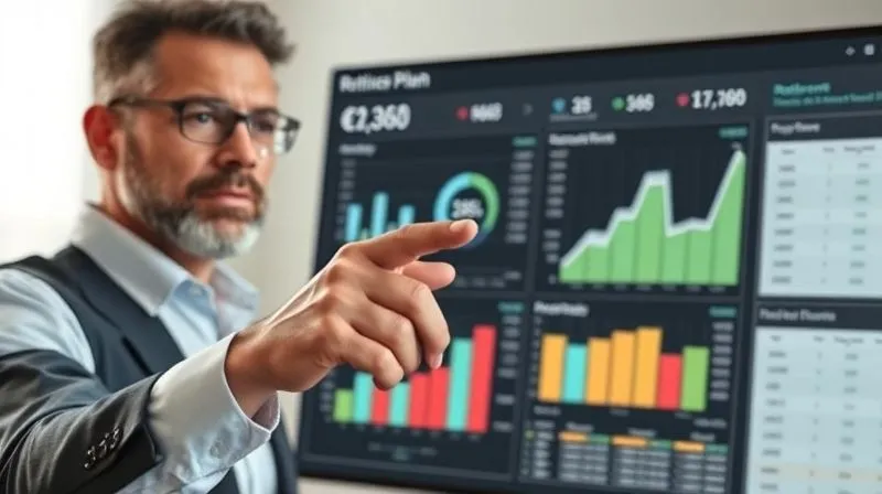 A photorealistic image of a seasoned financial planner, with a focused expression, pointing to a complex digital dashboard displaying various retirement accounts and projected RMDs, illustrating careful planning and analysis. Professional photography, 8K, cinematic lighting, sharp focus on the advisor's hand and the screen, depth of field, shot on a high-end DSLR.