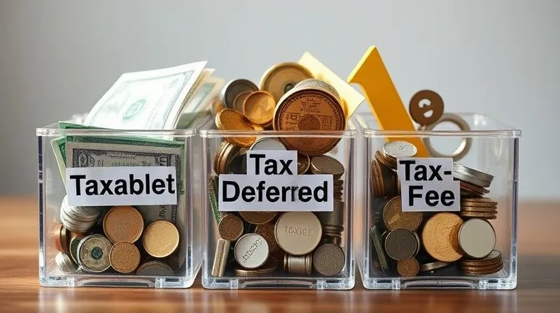 A photorealistic image of a diverse portfolio of financial instruments (stocks, bonds, mutual funds) neatly arranged in distinct, transparent containers labeled 'Taxable', 'Tax-Deferred', and 'Tax-Free', demonstrating strategic asset location. Professional photography, 8K, cinematic lighting, sharp focus on the financial instruments, depth of field, shot on a high-end DSLR.