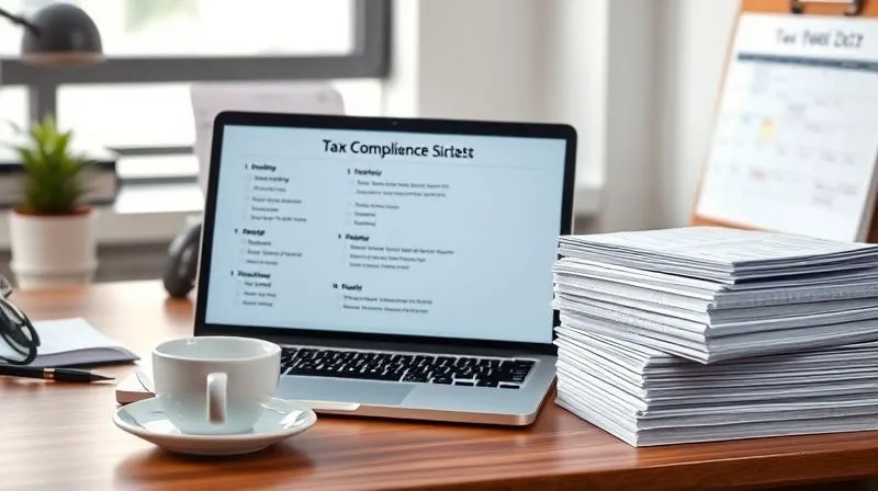 photorealistic, professional photography, 8K, cinematic lighting, sharp focus, depth of field, shot on a high-end DSLR, a well-organized modern office desk with a laptop displaying a tax compliance checklist, a calendar with future deadlines highlighted, a cup of coffee, and a neatly stacked pile of W-9 forms, conveying efficiency and preparedness.