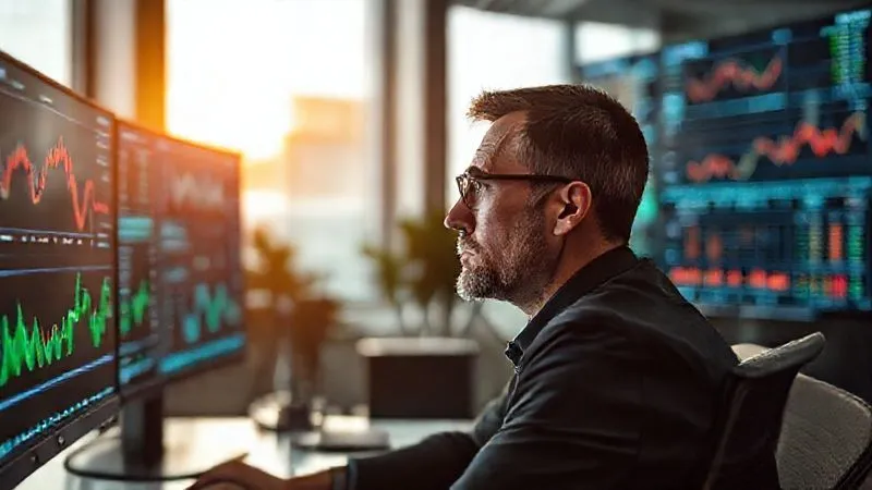 A photorealistic image of a financial analyst in a modern office, looking intently at multiple screens displaying real-time currency charts and risk matrices, cinematic lighting, sharp focus on the analyst's face, depth of field blurring the screens, 8K hyper-detailed.