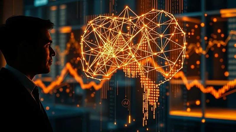 A photorealistic image of a transparent, glowing AI neural network overlaying abstract financial data, with a subtle human silhouette observing cautiously from the side. Professional photography, 8K, cinematic lighting, sharp focus on the neural network, depth of field blurring the background, shot on a high-end DSLR.
