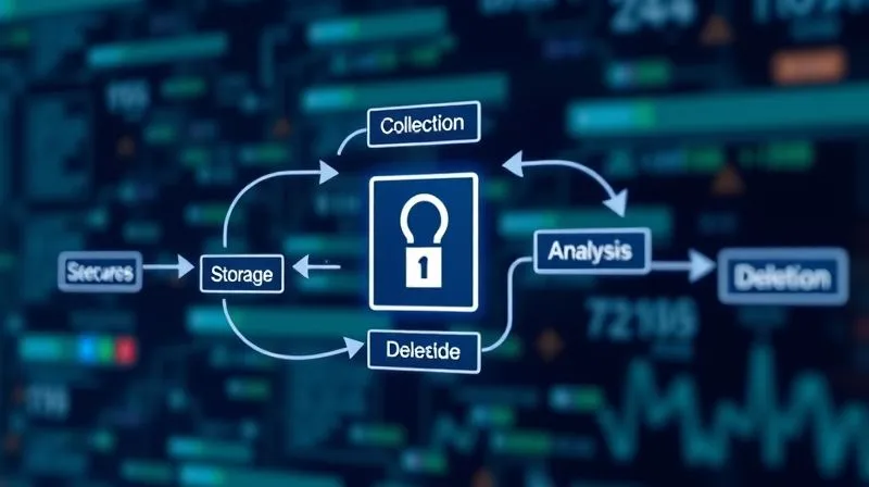 A photorealistic, sleek digital flowchart illustrating a secure data lifecycle in a modern financial technology environment. Arrows flow through stages like 'Collection (Encrypted)', 'Storage (Secure Vault)', 'Processing (Isolated Environment)', 'Analysis (AI Models)', and 'Deletion (Irreversible)'. Professional photography, 8K, cinematic lighting, sharp focus, depth of field blurring the background, shot on a high-end DSLR.