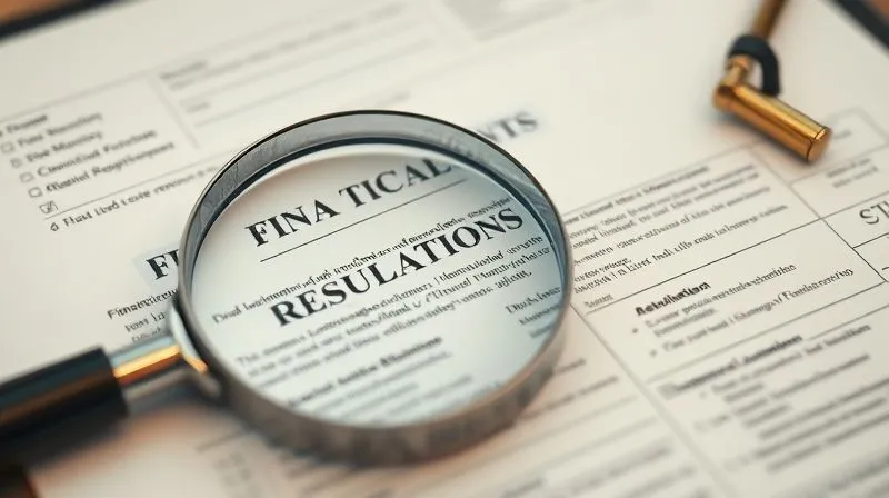 Photorealistic image of a complex legal document with a magnifying glass over it, intricate details of financial regulations visible, cinematic lighting, sharp focus, depth of field. 8K hyper-detailed.