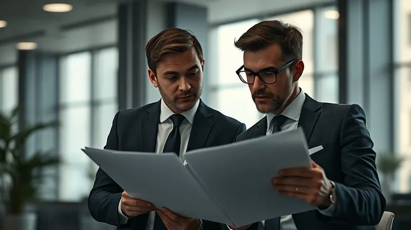 Photorealistic image of two professionals, one a financial advisor and the other a legal counsel, reviewing documents together in a modern office, engaged in serious discussion. Cinematic lighting, sharp focus on their faces and the documents, depth of field. 8K hyper-detailed.