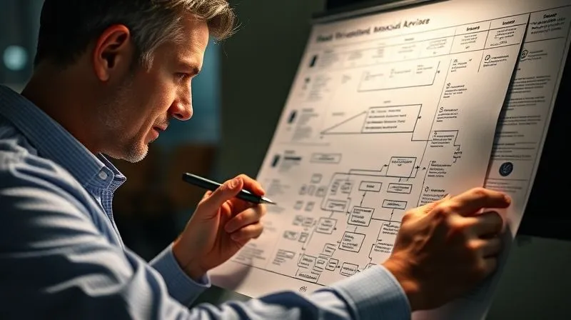 Photorealistic image of a financial advisor thoughtfully analyzing a complex diagram or flowchart of processes, with notes and a pen, suggesting strategic review and improvement. Professional photography, 8K, cinematic lighting, sharp focus, depth of field. Hyper-detailed.