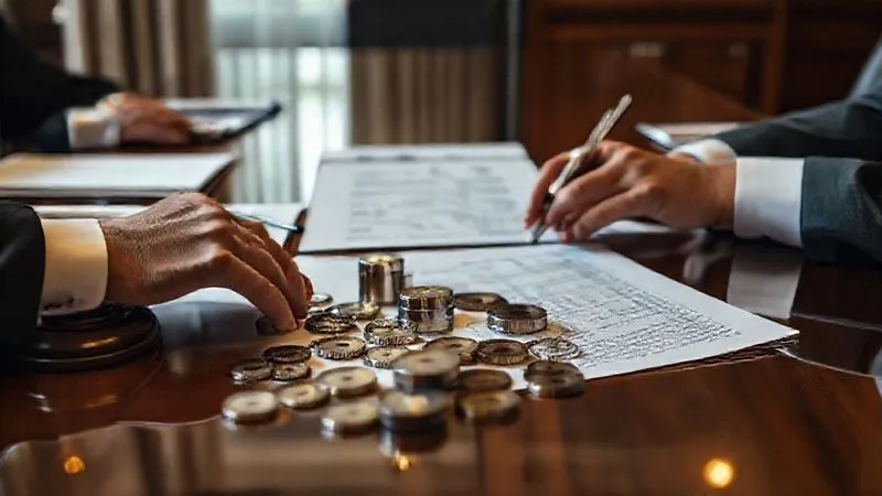 A photorealistic, professional photography, 8K, cinematic lighting, sharp focus, depth of field, shot on a high-end DSLR, of hands meticulously arranging financial instruments and legal documents on a polished boardroom table, symbolizing complex debt restructuring and hedging strategies, with a subtle glow around key documents.