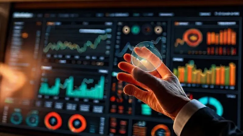 A photorealistic, professional photography, 8K, cinematic lighting, sharp focus, depth of field, shot on a high-end DSLR, of a sophisticated data visualization dashboard displaying complex real estate market trends, interest rate forecasts, and portfolio performance metrics, with a hand interacting with a holographic interface.