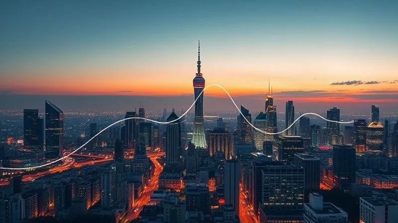 A photorealistic image of a vibrant, interconnected city skyline at dawn, with subtle growth curves superimposed on the buildings, representing economic growth and innovation. Professional photography, 8K, cinematic lighting, sharp focus, depth of field, shot on a high-end DSLR.