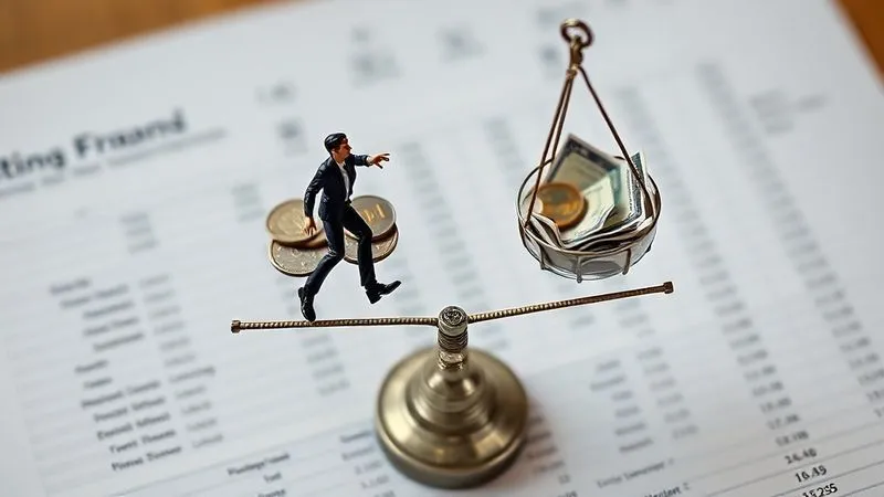 photorealistic, professional photography, 8K, cinematic lighting, sharp focus, depth of field, shot on a high-end DSLR. A visual metaphor of a tightrope walker (representing a business owner) carefully balancing two scales: one filled with coins (cash collected) and the other with bills (cash paid), set against a backdrop of a clear financial ledger, conveying precision and control in managing working capital.
