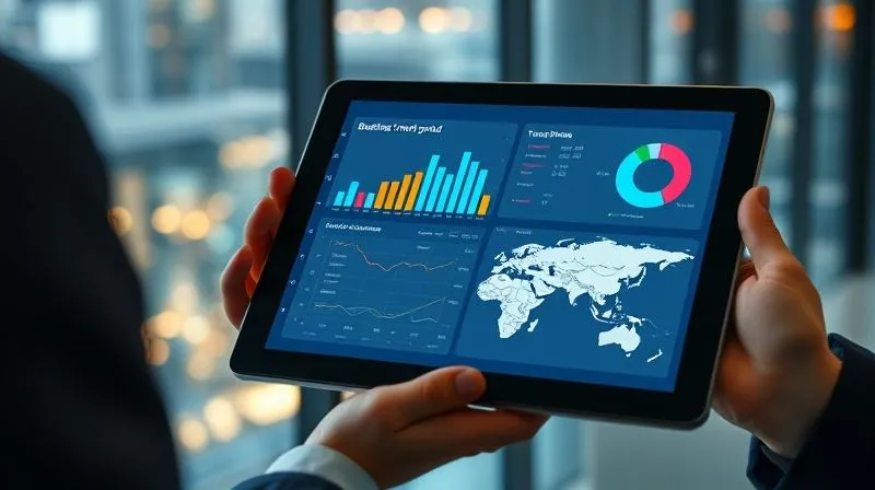 A photorealistic, professional photography, 8K, cinematic lighting, sharp focus, depth of field, shot on a high-end DSLR, depicting a sleek, modern digital dashboard displaying various business travel metrics: a bar chart showing monthly travel spend, a pie chart breaking down expenses by category (flights, hotels, meals), and a world map with travel routes highlighted. The dashboard is on a tablet held by a business professional in a contemporary office setting, with a blurred background of city lights through a window, conveying efficiency and control.