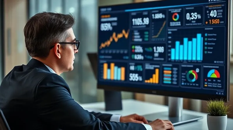 A photorealistic, professional photography, 8K, cinematic lighting, sharp focus, depth of field, shot on a high-end DSLR, depicting a business professional intently studying a complex financial data visualization on a large monitor. The screen shows dynamic graphs and charts illustrating travel expense trends, cost savings, and budget compliance. The professional is in a modern, minimalist office, with a sense of focused analysis and strategic decision-making.