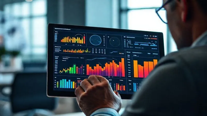 photorealistic, professional photography, 8K, cinematic lighting, sharp focus, depth of field, shot on a high-end DSLR. A person intently looking at a complex financial dashboard on a tablet, displaying colorful charts and graphs of income, expenses, and debt balances. The background is a modern, clean office space, conveying focus and analytical depth.