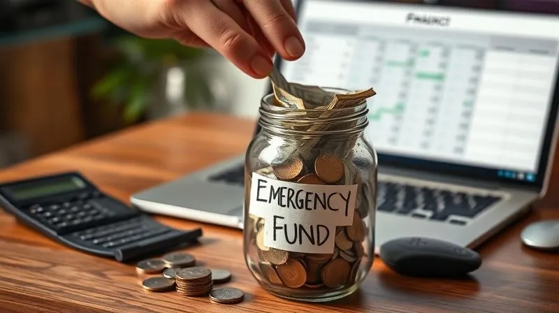 photorealistic, professional photography, 8K, cinematic lighting, sharp focus, depth of field, shot on a high-end DSLR. A person's hands stacking coins and bills into a clear glass jar labeled 'Emergency Fund', with a calculator and a laptop displaying a financial plan in the background. The lighting is warm and reassuring, emphasizing financial security and careful planning.