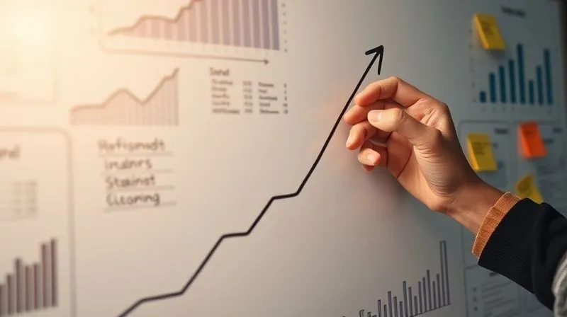 photorealistic, professional photography, 8K, cinematic lighting, sharp focus, depth of field, shot on a high-end DSLR. A person's hand drawing an upward-sloping arrow on a whiteboard, surrounded by financial charts and sticky notes. The overall impression is one of steady, deliberate progress and strategic planning. Soft, encouraging light.