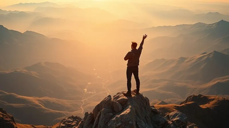 photorealistic, professional photography, 8K, cinematic lighting, sharp focus, depth of field, shot on a high-end DSLR. A person standing confidently on a mountain peak, overlooking a vast, clear valley with a winding, clear path. The sun is rising, casting warm, hopeful light, symbolizing financial freedom and a clear path forward after overcoming challenges. The overall mood is triumphant and inspiring.