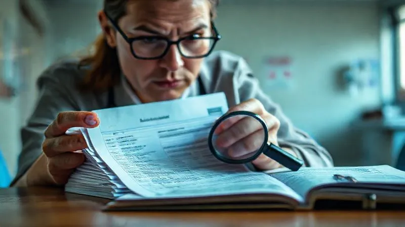 photorealistic, professional photography, 8K, cinematic lighting, sharp focus, depth of field, shot on a high-end DSLR, a person, looking determined, reviewing a stack of medical bills with a magnifying glass, a financial aid application form open on the table, a blurred hospital background, evoking a sense of proactive problem-solving and diligent review.
