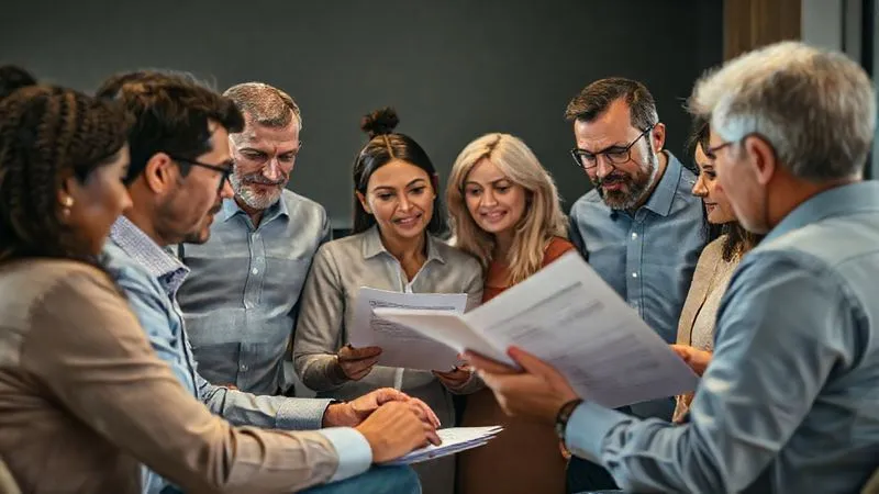 photorealistic, professional photography, 8K, cinematic lighting, sharp focus, depth of field, shot on a high-end DSLR, a diverse group of people (representing different ages and backgrounds) gathered around a financial advisor, looking attentive and engaged as they discuss insurance documents and financial plans, a sense of empowerment and future security conveyed through their expressions and the organized setting.