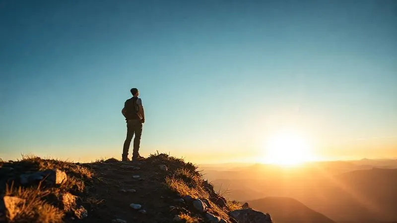 photorealistic, professional photography, 8K, cinematic lighting, sharp focus, depth of field, shot on a high-end DSLR, a person standing confidently at the top of a mountain trail, looking out at a clear horizon, symbolizing financial recovery and resilience after overcoming a challenge, the sun rising in the background, conveying hope and new beginnings and a sense of accomplishment.