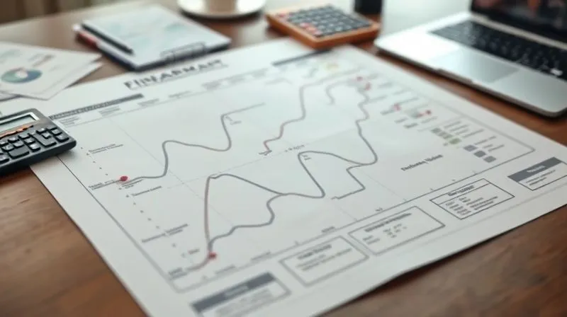 A photorealistic image of a detailed financial roadmap or blueprint, laid out on a desk with various financial tools like a calculator, a pen, and a laptop in the background. The blueprint shows clear pathways, milestones, and goals (e.g., 'Retirement at 55', 'Debt-Free by 2030'). Cinematic lighting, sharp focus on the blueprint, depth of field, 8K hyper-detailed, professional photography, shot on a high-end DSLR.