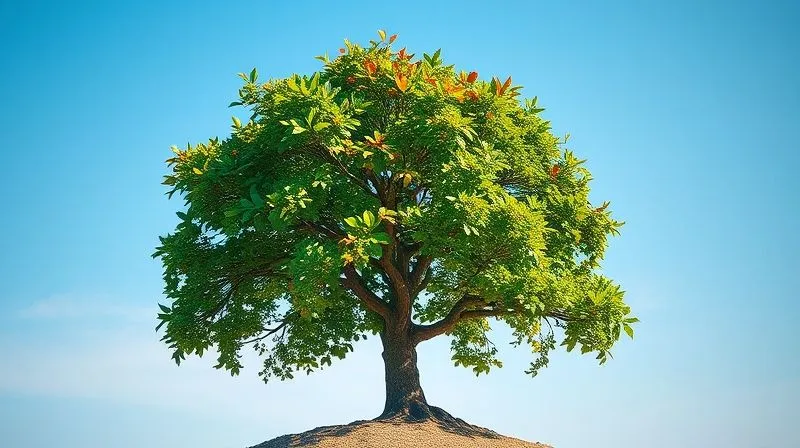 A photorealistic image of a diverse investment portfolio represented by a vibrant, healthy tree with different types of leaves (representing various asset classes like stocks, bonds, real estate, and commodities) growing robustly. The tree stands on solid financial ground, under a clear sky. Cinematic lighting, sharp focus on the tree, depth of field, 8K hyper-detailed, professional photography, shot on a high-end DSLR.