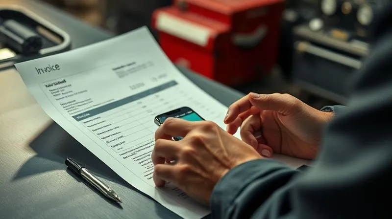 photorealistic, professional photography, 8K, cinematic lighting, sharp focus, depth of field, shot on a high-end DSLR. A person's hand meticulously examining a detailed car repair invoice and simultaneously checking a digital banking app on a smartphone, displaying low account balance, on a dimly lit workshop counter. The atmosphere is one of focused problem-solving under pressure.
