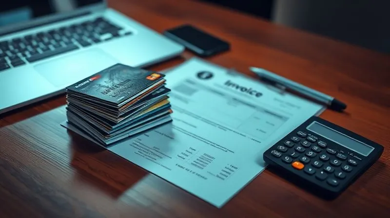 photorealistic, professional photography, 8K, cinematic lighting, sharp focus, depth of field, shot on a high-end DSLR. A stack of various credit cards, a personal loan document, and a mechanic's invoice laid out on a polished wooden desk, with a calculator and a pen, symbolizing financial options and decision-making under pressure. A subtle glow from a laptop screen in the background.