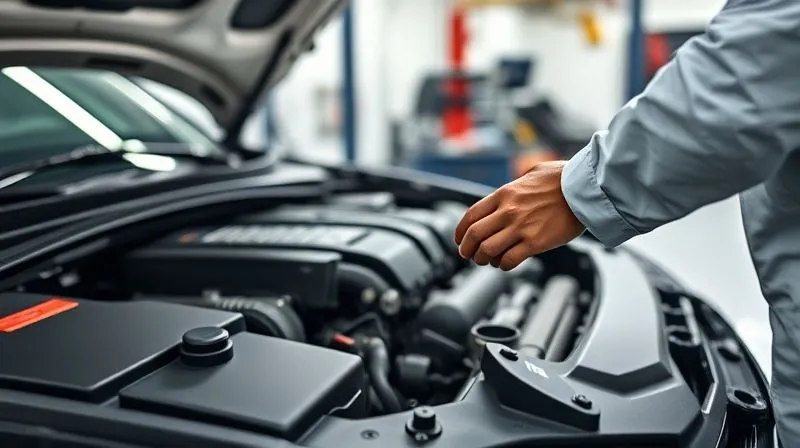 photorealistic, professional photography, 8K, cinematic lighting, sharp focus, depth of field, shot on a high-end DSLR. A clean, modern car engine bay, meticulously organized tools laid out beside it, with a professional mechanic's hands (out of focus) performing preventative maintenance, symbolizing proactive care and expertise. The lighting is bright and surgical.