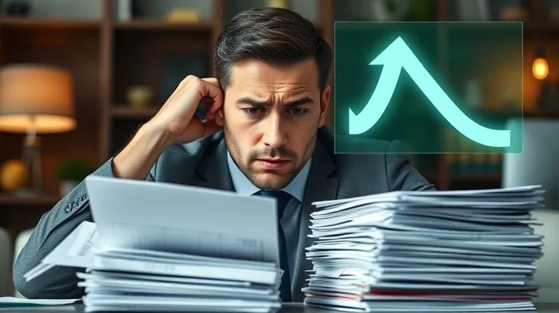 A professional business person looking stressed while reviewing a stack of overdue invoices, with a digital overlay showing a downward arrow for cash flow, photorealistic, professional photography, 8K, cinematic lighting, sharp focus, depth of field, shot on a high-end DSLR, emotionally resonant.