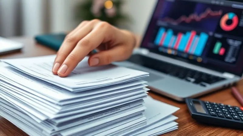 A close-up shot of a hand meticulously organizing a stack of bills and invoices, with a calculator and a laptop displaying financial charts in the background, symbolizing careful financial management and planning, photorealistic, professional photography, 8K, cinematic lighting, sharp focus, depth of field, shot on a high-end DSLR.