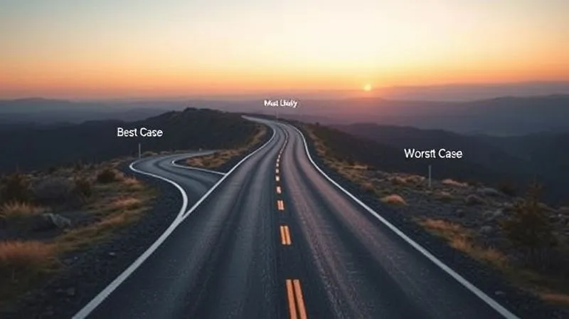 A photorealistic image of three distinct pathways diverging from a central point on a winding road, each pathway labeled 'Best Case', 'Most Likely', and 'Worst Case' with subtle environmental cues for each. The scene is set at dawn with a clear sky, symbolizing new beginnings and strategic choices. Cinematic lighting, sharp focus on the diverging paths, depth of field, 8K hyper-detailed, professional photography.