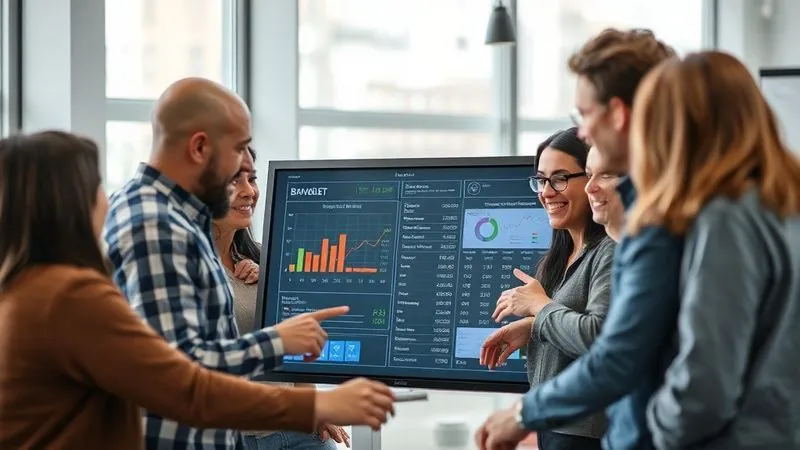 A photorealistic image of a diverse group of people (family or small team) gathered around a digital dashboard displaying a budget, pointing and discussing with engaged expressions. The atmosphere is collaborative and productive, with natural light filling the modern setting. Professional photography, 8K, cinematic lighting, sharp focus on the people and dashboard, depth of field blurring the background.